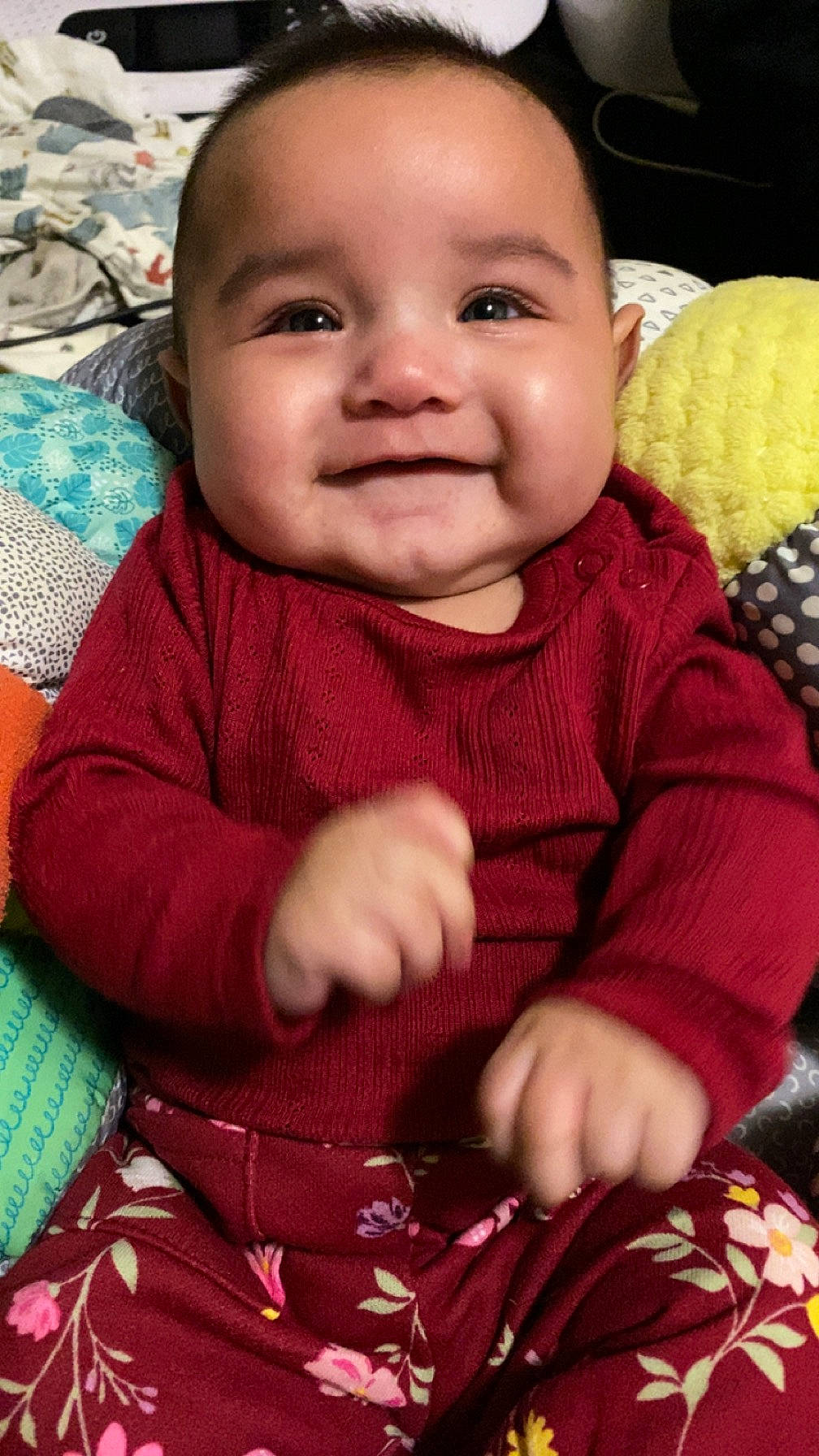 Aiyana is registered to the contest to win money with this photo: baby, baby_toddler_clothing, cheek, chin, face, finger, head, iris, joy, lip, nose, organ, outerwear, person, photograph, pink, product, skin, sleeve, smile