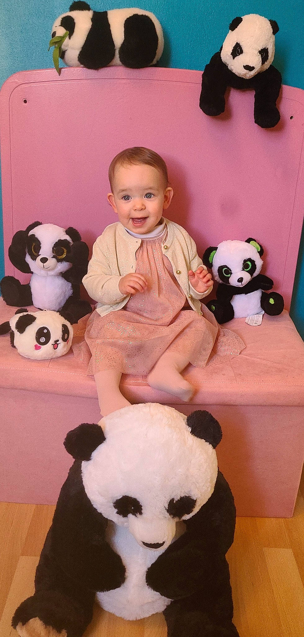 Lena participe au concours pour gagner de l'argent avec cette photo : black, carnivore, companion_dog, facial_expression, happy, head, mammal, nose, organ, panda, person, pink, red, smile, snapshot, stuffed_toy, textile, toddler, toy, vertebrate