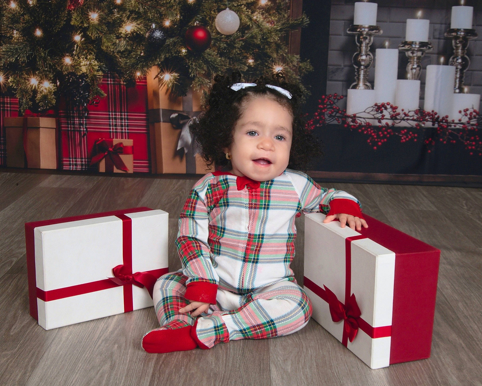 Avianna joined the competition — help win amazing prizes! baby_toddler_clothing, christmas, christmas_decoration, christmas_eve, christmas_ornament, christmas_tree, event, flooring, fun, holiday, ornament, pattern, person, plaid, red, sleeve, smile, tartan, toddler, tree