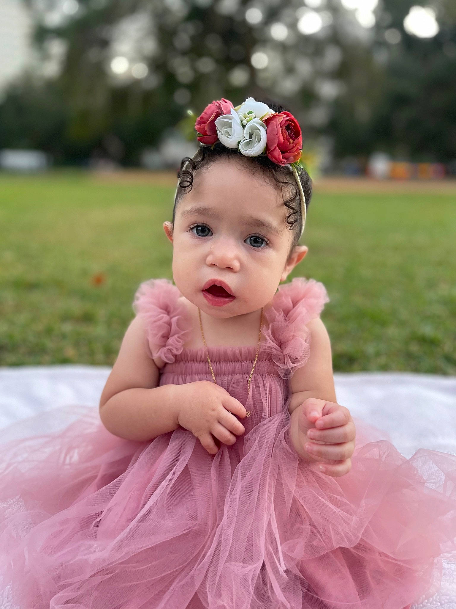 Avianna is registered to the contest to win money with this photo: baby, baby_toddler_clothing, bridal_accessory, child, day_dress, dress, embellishment, event, fashion_accessory, grass, hair_accessory, happy, headband, headpiece, jewellery, person, pink, plant, skin, sleeve