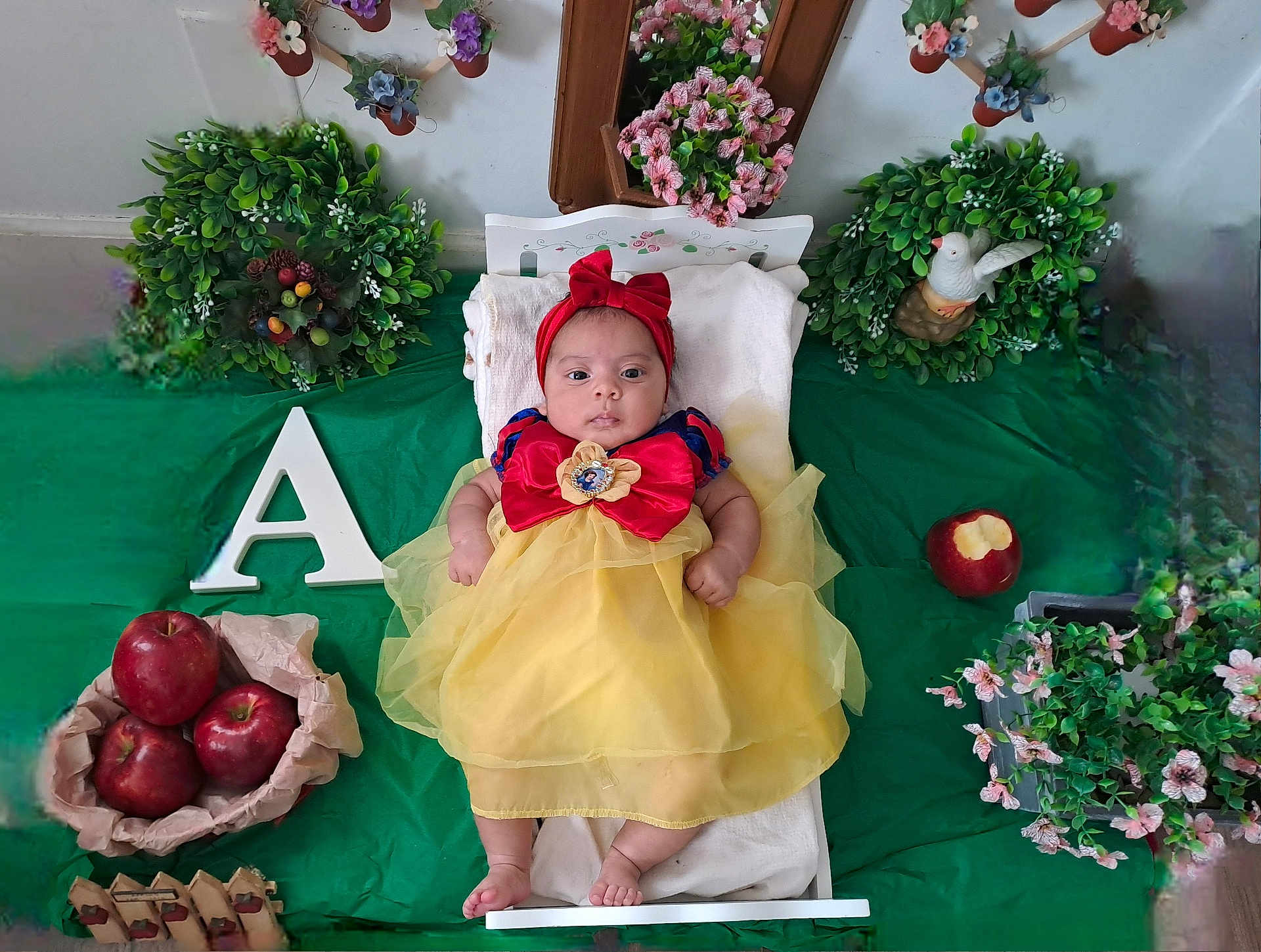 Arisbeth is registered to the contest to win money with this photo: apple, baby, bed, blanket, child, costume, cute, decor, dress, fairy_tale, flower, fruit, greenery, headband, indoor, infant, portrait, red_bow, snow_white, yellow_dress