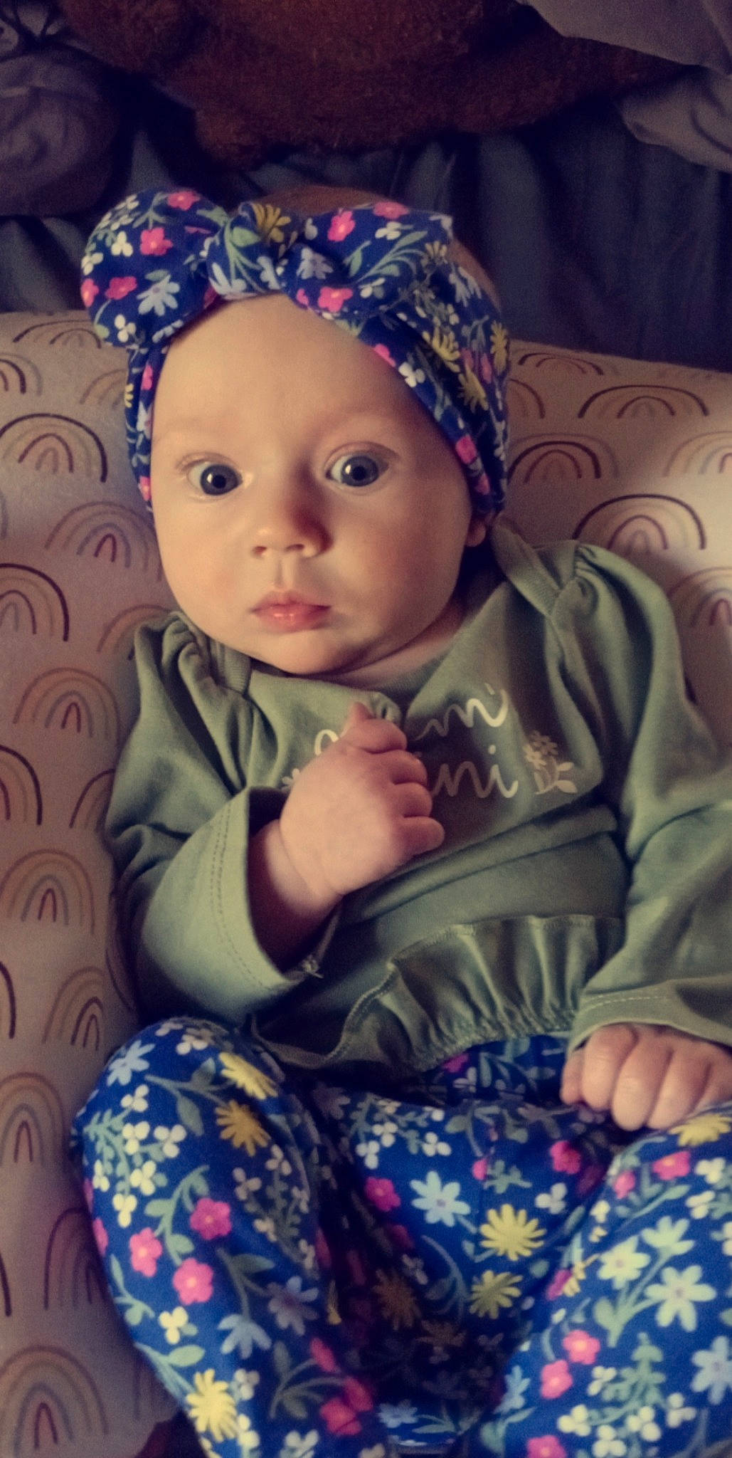 Phoebe joined the competition — help win amazing prizes! baby, baby_toddler_clothing, blue, cap, cheek, child, comfort, cool, happy, hat, headgear, headwear, iris, linens, nose, pattern, person, sitting, skin, sleeve
