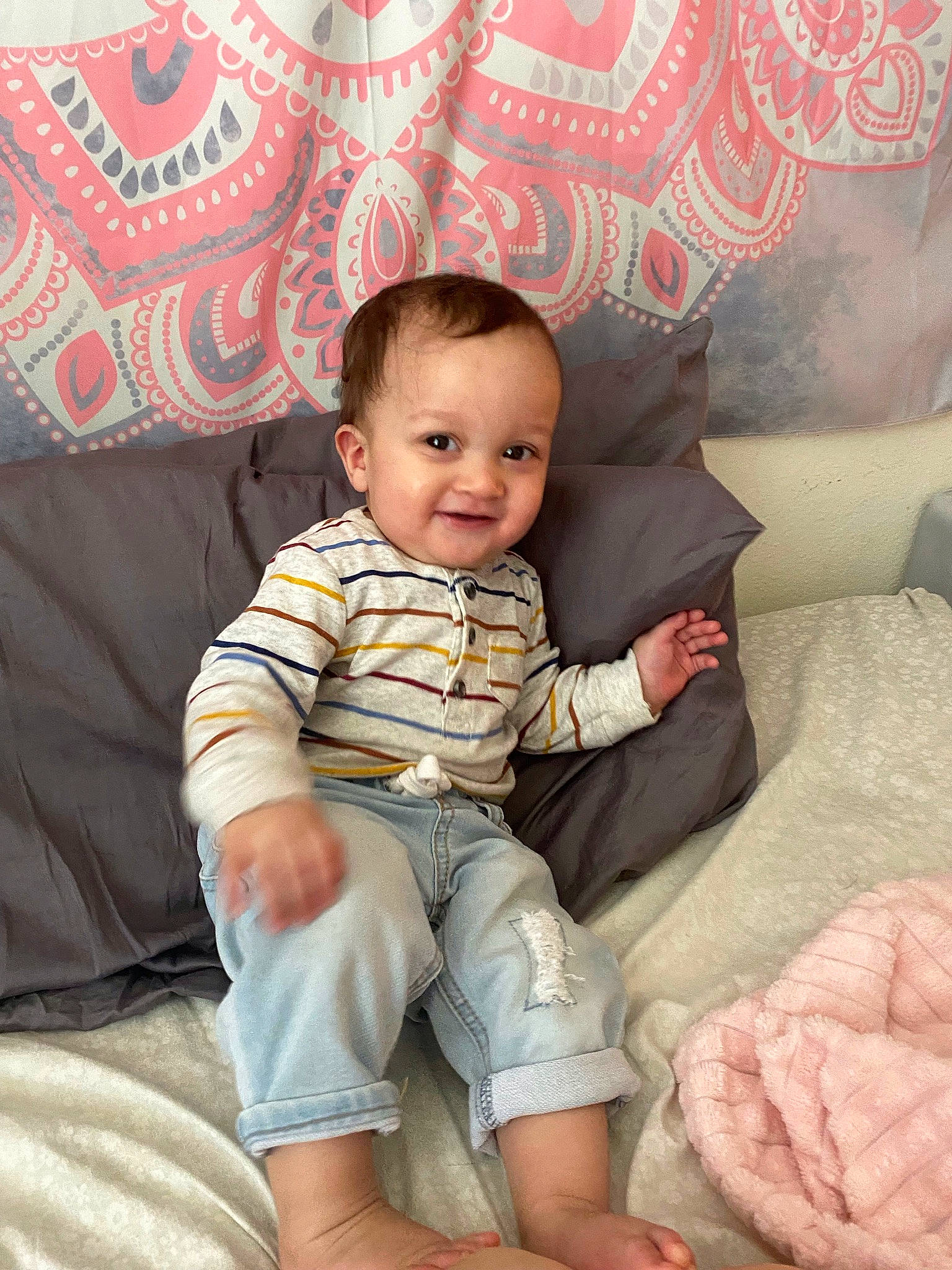 Kyrie joined the competition — help win amazing prizes! baby_toddler_clothing, beauty, cheek, comfort, couch, eye, face, hairstyle, happy, human_body, joy, lap, leg, mammal, person, pink, skin, sleeve, smile, textile