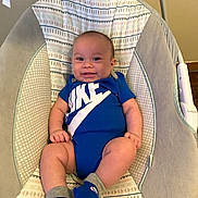 Jordan joined the competition — help win amazing prizes! baby, smiling, blue_clothing, onesie, socks, baby_rocker, patterned_fabric, indoor, child, infant, happy, person, cute, seat, baby_toys, wooden_floor, baby_garment, baby_accessory, comfort, relaxing