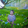 baby, child, flower_crown, purple_dress, meadow, grass, flowers, painting, hand, nature, portrait, smiling, greenery, artwork, blue_eyes, sitting, cute, fantasy, colorful, outdoor_scene