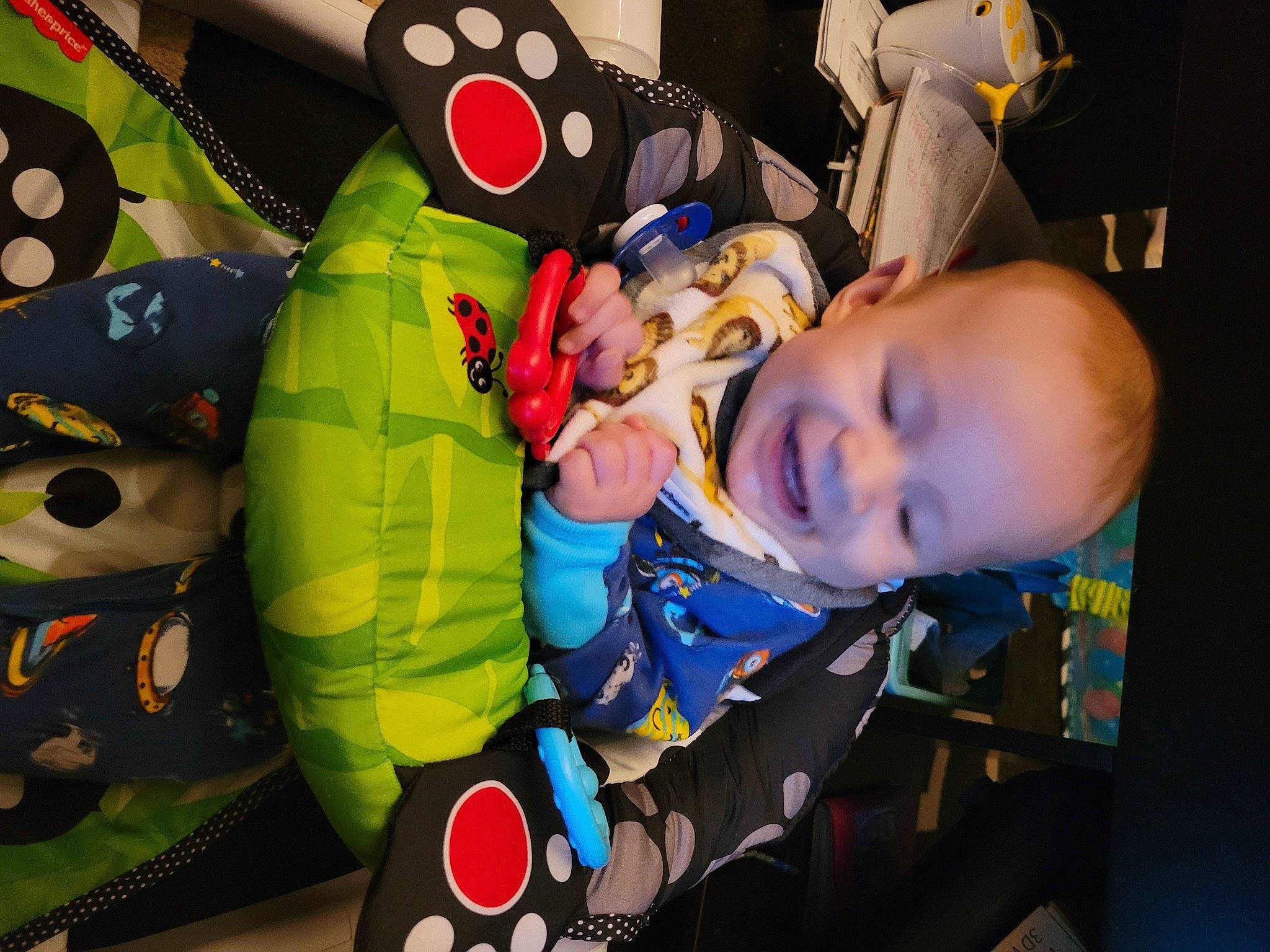 Domenic is registered to the contest to win money with this photo: baby, baby_products, baby_toddler_clothing, baby_toys, child, cool, electric_blue, event, fictional_character, fun, happy, people, person, personal_protective_equipment, play, room, space, t_shirt, toddler, toy