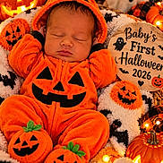 Quincy is registered to the contest to win money with this photo: baby, newborn, sleeping, halloween, pumpkin_costume, orange, jack_o_lantern, ghost, plush_toys, blanket, portrait, infant, costume, festive, cozy, indoor, decorations, wooden_sign, photography, cute