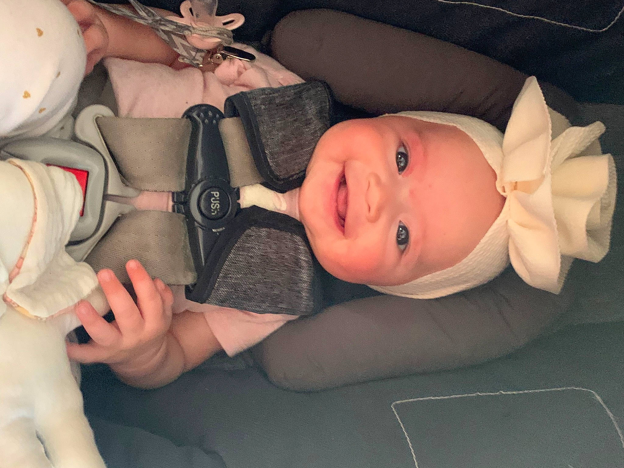 Winona joined the competition — help win amazing prizes! arm, baby, baby_toddler_clothing, cheek, comfort, fashion_accessory, finger, hand, happy, hat, headgear, human_body, human_leg, joy, mouth, nail, person, skin, smile, textile