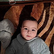 Talel participe au concours pour gagner de l'argent avec cette photo : baby, blanket, booties, child, closeup, cozy, cute, face, indoors, infant, lying_down, patterned_blanket, person, portrait, smiling, soft_texture, sweater, toddler, warm_clothing, young_child