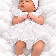 Noa joined the competition — help win amazing prizes! baby, infant, child, portrait, lying_down, white_dress, lace, bow, headband, socks, clouds, soft_blanket, newborn, face, hands, legs, studio_photography, adorable, fashion, white