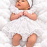 baby, infant, child, portrait, lying_down, white_dress, lace, bow, headband, socks, clouds, soft_blanket, newborn, face, hands, legs, studio_photography, adorable, fashion, white