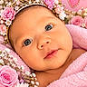 baby, infant, child, portrait, close_up, face, eyes, smiling, tiara, crown, pink_blanket, flowers, roses, daisies, floral, royal, wrapped, indoors, adorable, photography