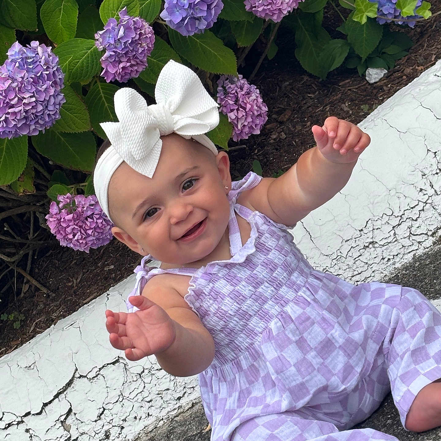Gia joined the competition — help win amazing prizes! baby, bow, checkered_pattern, child, cracked_pavement, cute, flowers, green_leaves, happy, headband, hydrangeas, nature, outdoor, person, plants, portrait, purple_clothing, sitting, smiling, summer