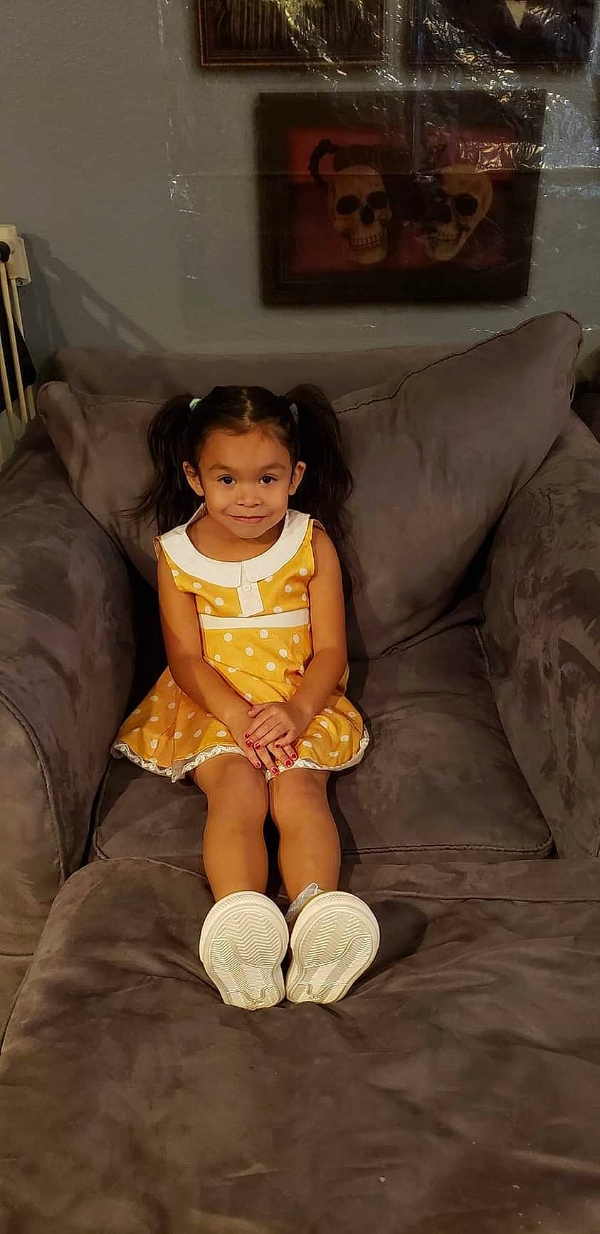 Cadence is registered to the contest to win money with this photo: baby_toddler_clothing, cheek, comfort, couch, eye, face, flooring, hairstyle, happy, head, human_body, joy, knee, lap, leg, person, picture_frame, skin, smile, thigh