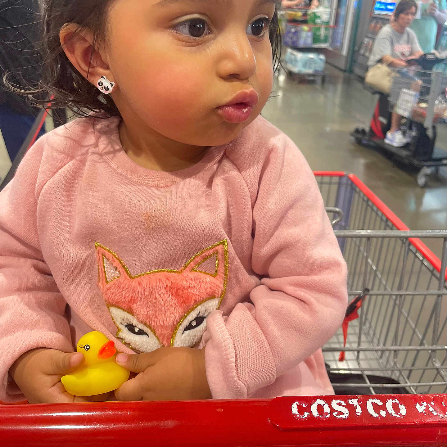 Lilyain joined the competition — help win amazing prizes! child, clothing, costco, curious, cute, expression, fox_design, holding, indoor, panda_earrings, people, pink_sweater, portrait, retail, shopping, shopping_cart, store, supermarket, toddler, yellow_rubber_duck