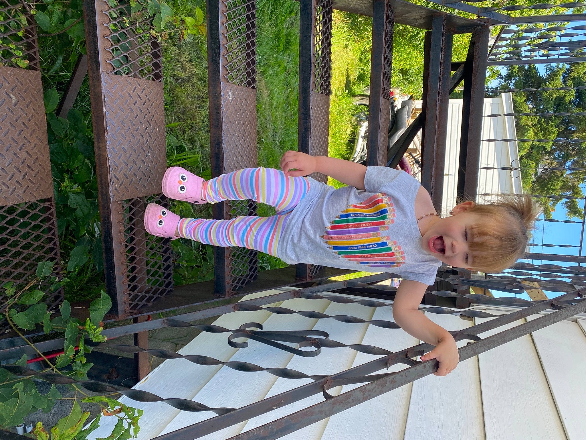 Pénéloppe participe au concours pour gagner de l'argent avec cette photo : baby, baby_toddler_clothing, child, composite_material, fence, fun, garden, grass, home_fencing, houseplant, leisure, magenta, mesh, pattern, person, plant, play, sky, toddler, tree