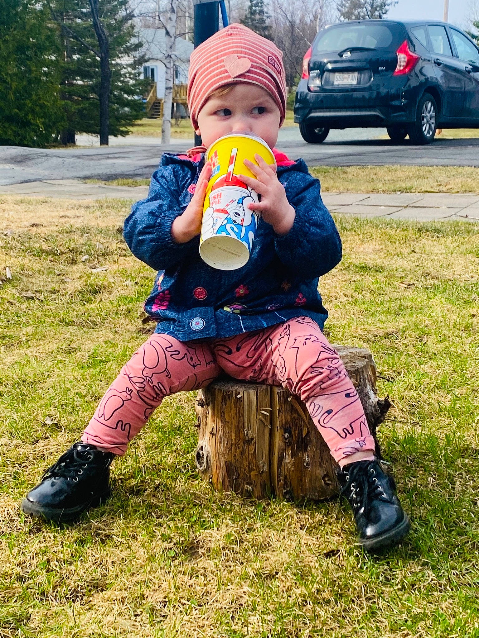 Novally participe au concours pour gagner de l'argent avec cette photo : baby, baby_toddler_clothing, bottle, car, face, fun, grass, happy, head, headwear, lawn, leisure, people_in_nature, person, plant, shoe, sneakers, tire, toddler, tree