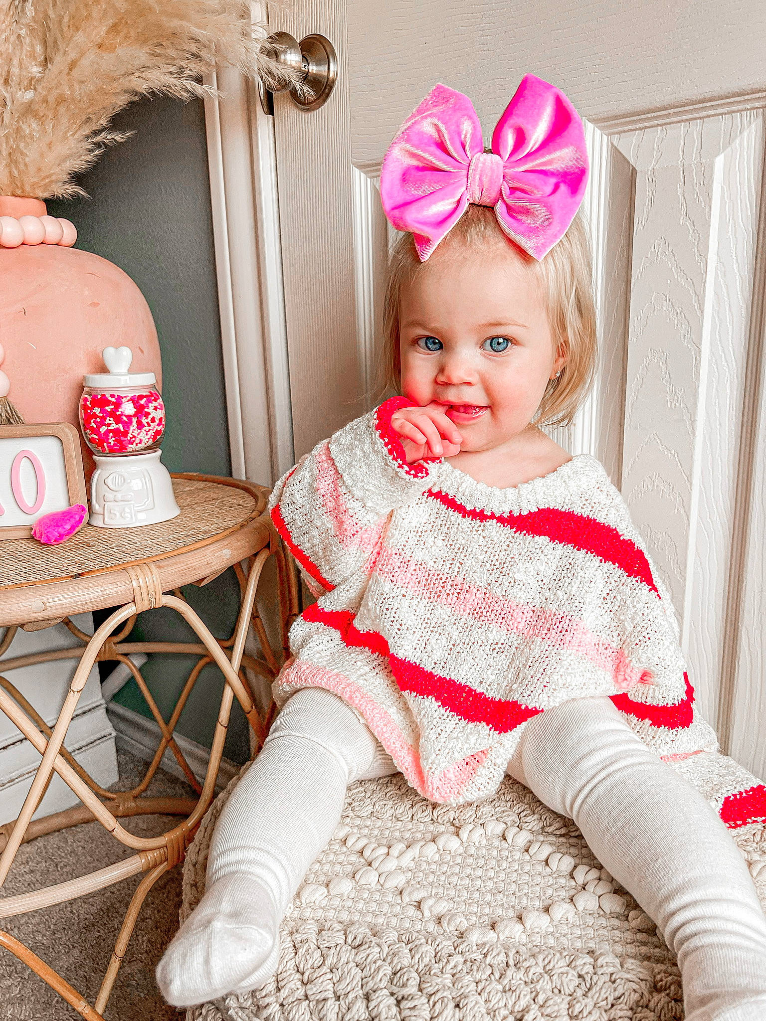 Kinley joined the competition — help win amazing prizes! baby_toddler_clothing, blond, child, clothing, costume_hat, dress, happy, hat, headband, headgear, headpiece, jewellery, magenta, pattern, person, pink, sleeve, smile, textile, toddler