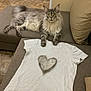 cat, long_hair, gray_cat, couch, white_tshirt, heart_shape, fur, indoor, pet, feline, relaxed, looking, fabric, shedding, home, floor, wood_floor, paws, whiskers, curious