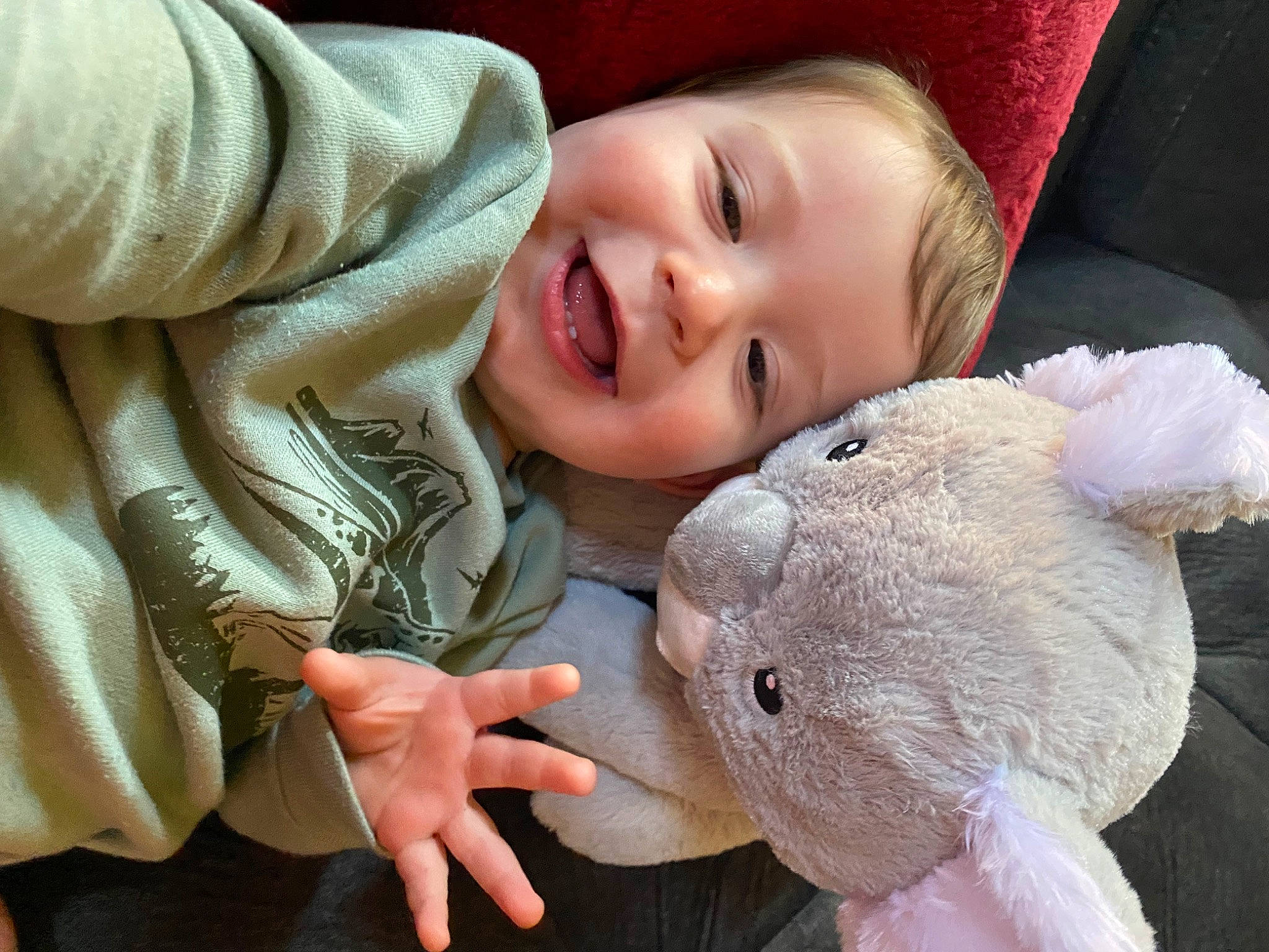 Leon is registered to the contest to win money with this photo: baby_toddler_clothing, cheek, child, comfort, finger, fur, gesture, happy, human_body, mammal, mouth, nose, person, skin, smile, stuffed_toy, textile, thumb, toddler, toy