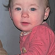 Kalyn joined the competition — help win amazing prizes! baby, child, infant, face, blue_eyes, pink_clothing, indoor, portrait, cute, young_child, person, skin, hair, long_sleeve, expression, looking_at_camera, closeup, soft_lighting, human, toddler