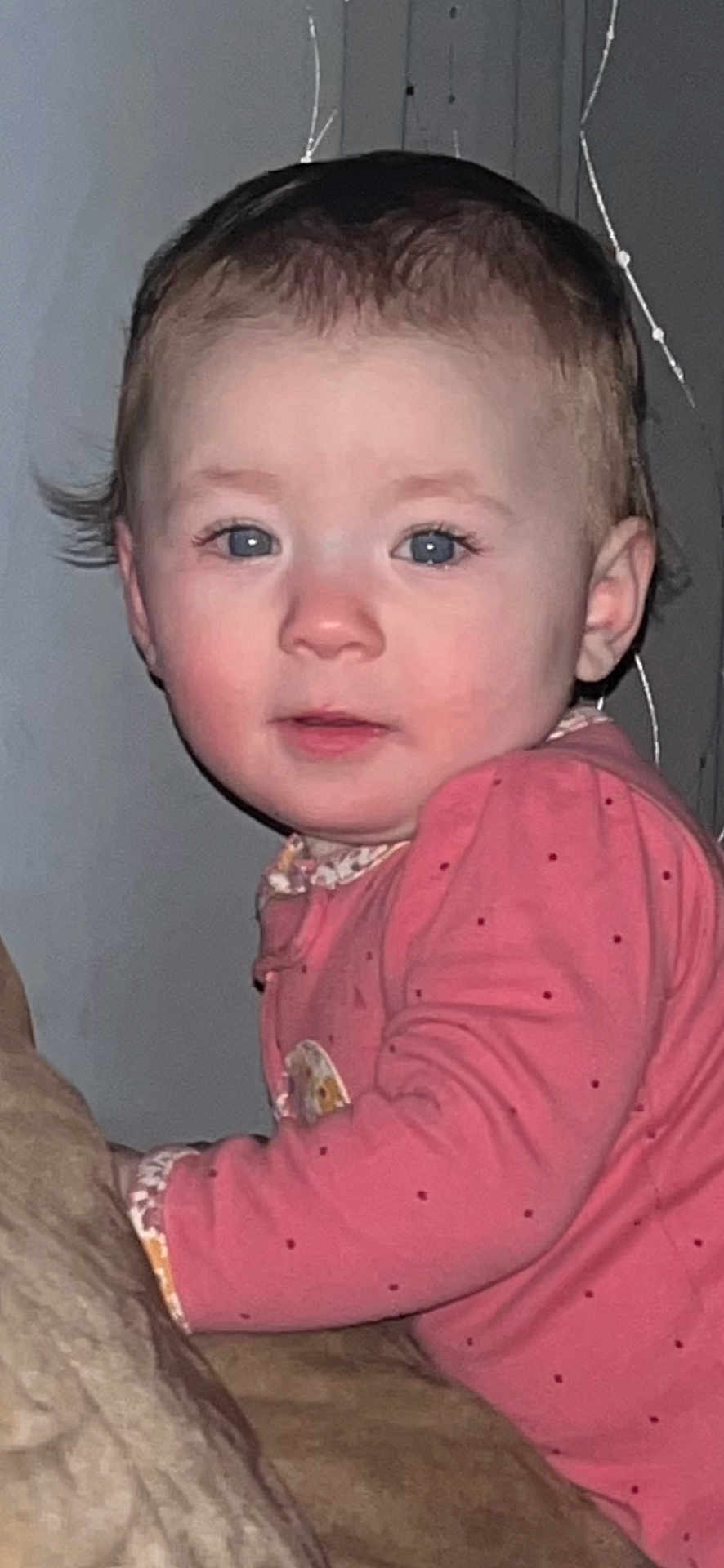 Kalyn joined the competition — help win amazing prizes! baby, child, infant, face, blue_eyes, pink_clothing, indoor, portrait, cute, young_child, person, skin, hair, long_sleeve, expression, looking_at_camera, closeup, soft_lighting, human, toddler