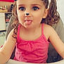child, toddler, girl, high_chair, pink_tank_top, curly_hair, pigtails, playful, sticking_tongue_out, face_filter, animal_ears, animal_nose, sparkles, indoor, kitchen, furniture, smile, cute, portrait, person