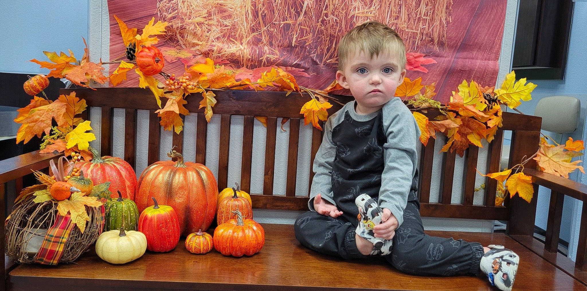 John is registered to the contest to win money with this photo: arm, calabaza, clothing, cucurbita, eye, facial_expression, gourd, leaf, natural_foods, orange, organ, people, person, photograph, plant, pumpkin, squash, toddler, winter_squash, wood