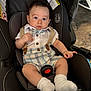 Enzo is registered to the contest to win money with this photo: baby, infant, car_seat, clothing, socks, bow_tie, suspenders, face, person, child, seatbelt, black, cute, indoors, portrait, looking, sitting, footwear, expression, car