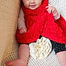 Eleanor is registered to the contest to win money with this photo: baby, child, smiling, red_dress, polka_dot, flower, leggings, knitted_blanket, cozy, cute, happy, infant, portrait, sitting, indoors, soft_texture, closeup, person, candid, adorable
