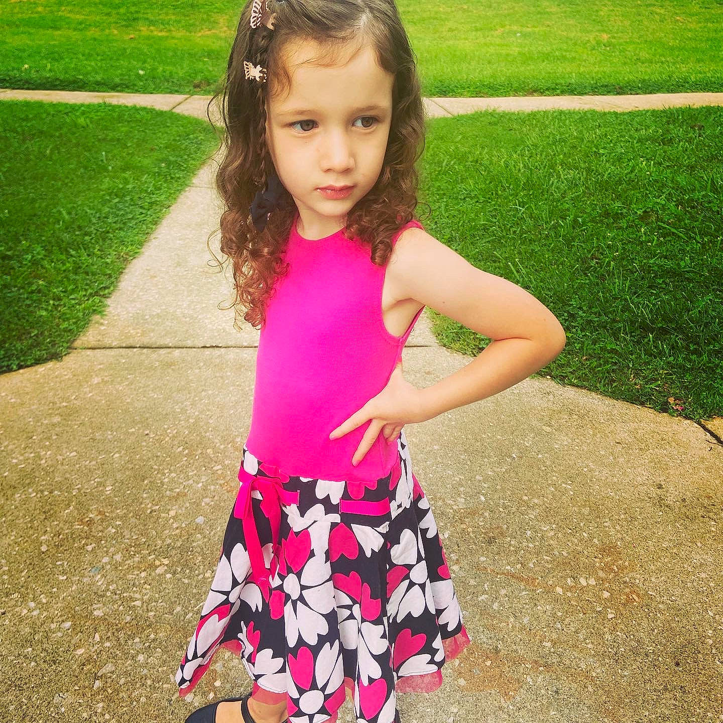 Harlow joined the competition — help win amazing prizes! baby_toddler_clothing, cool, day_dress, dress, face, grass, hair, hairstyle, happy, head, leaf, people_in_nature, person, pink, shoulder, sleeve, smile, summer, thigh, toddler