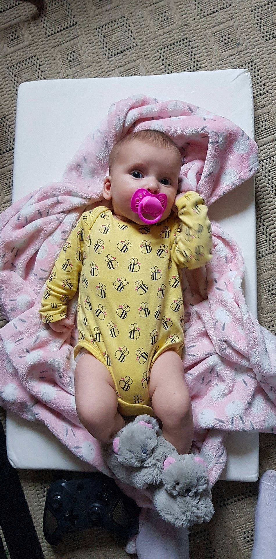 Honey is registered to the contest to win money with this photo: baby, baby_products, baby_toddler_clothing, child, pattern, person, pink, textile, toddler, yellow