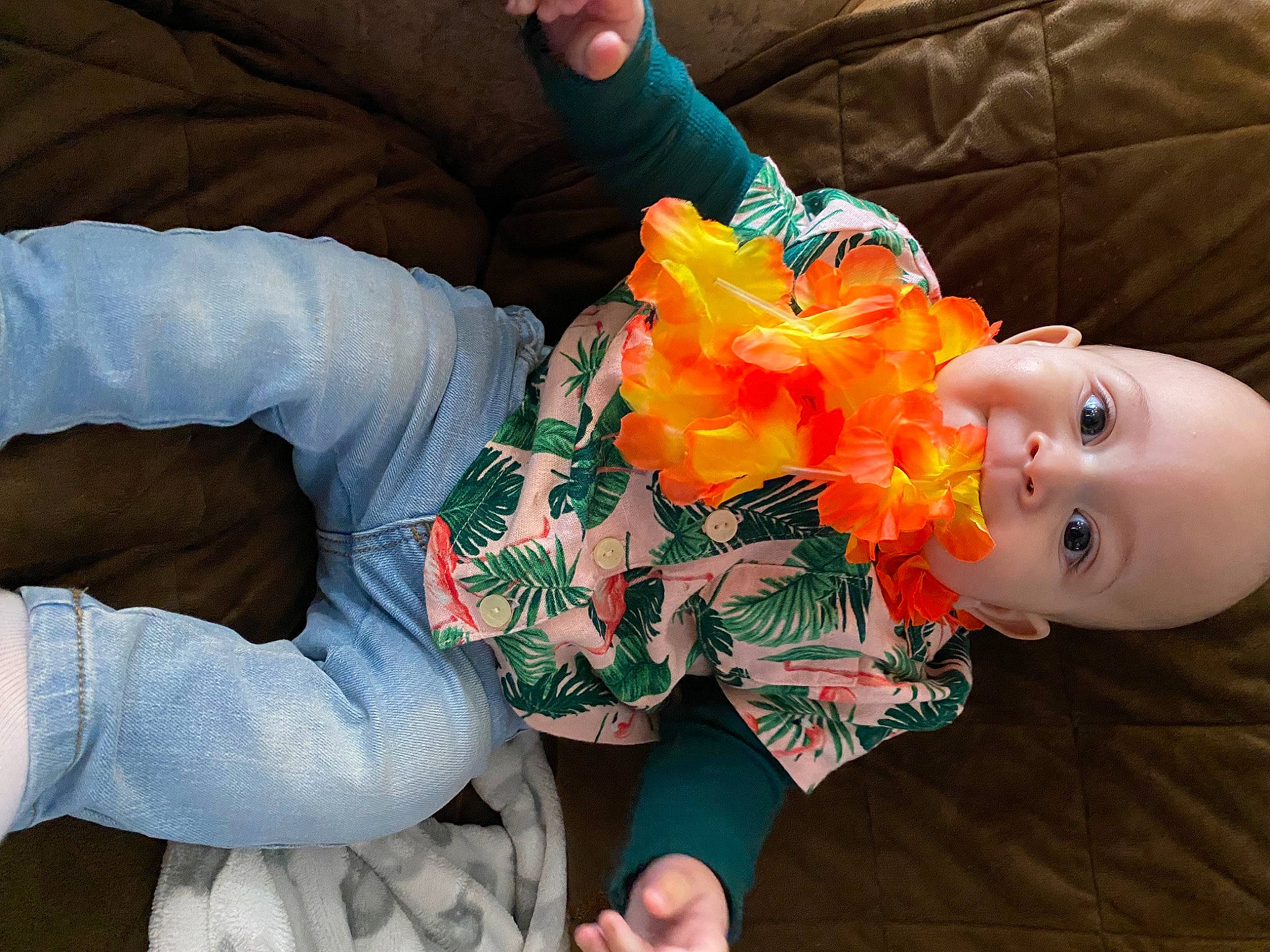 Zakai is registered to the contest to win money with this photo: child, cut_flowers, event, finger, fun, happy, human_leg, knee, lap, nail, orange, pattern, person, petal, plant, textile, thigh, thumb, toddler, toy