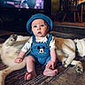 animal, baby, blue_clothing, carpet, cartoon, child, curtains, cute, dog, floor, furniture, hat, home, indoor, living_room, mickey_mouse, person, pet, television, wooden_chair