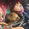 dog, person, tie_dye_sweatshirt, blanket, indoor, brown_dog, hand, cuddle, comfort, pet, warmth, cozy, fur, clothing, resting, snuggle, animal, casual, relaxation, love