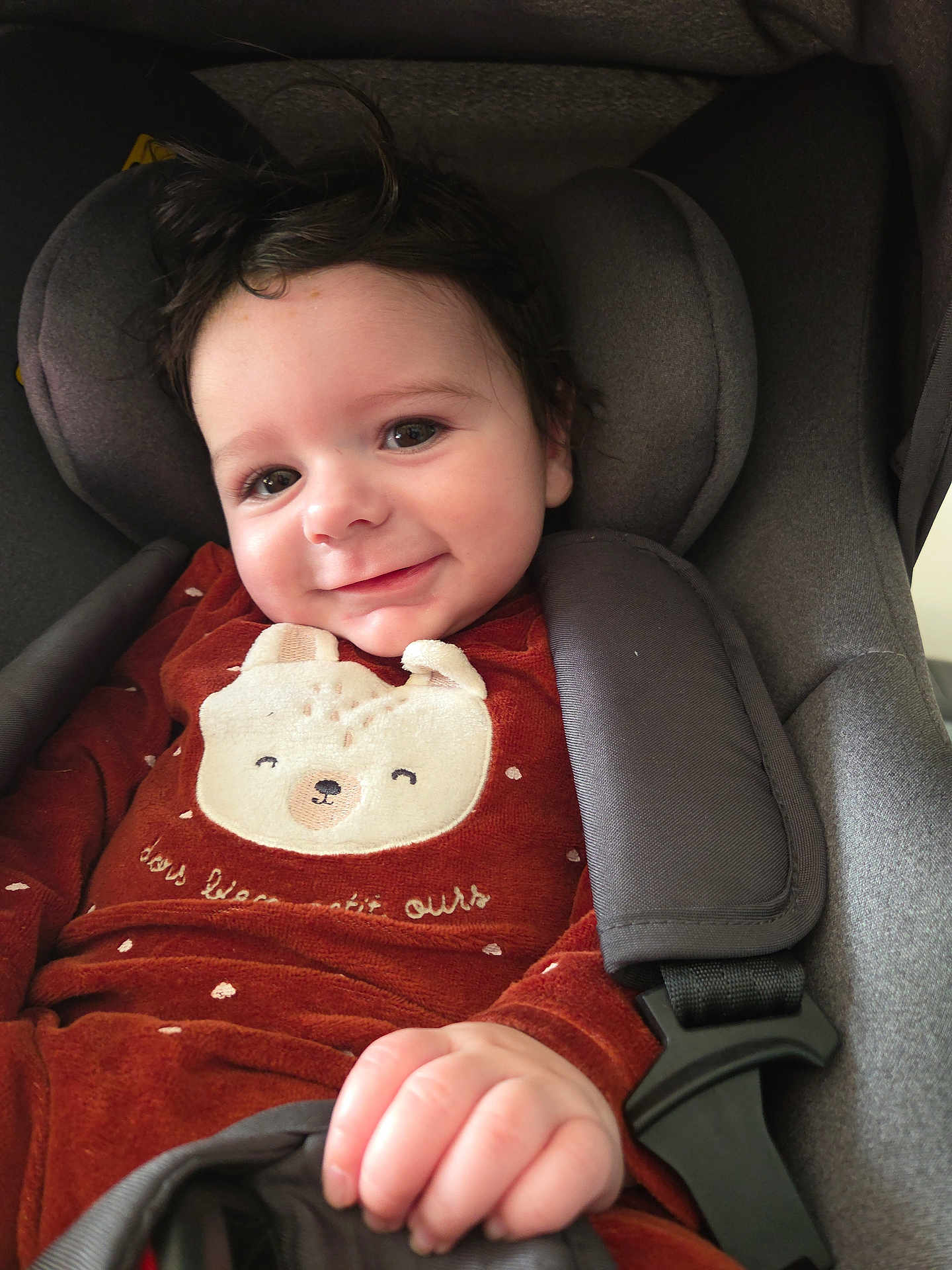 Ethan a rejoint le concours — aidez-le/la à gagner de superbes lots ! baby, child, car_seat, smile, brown_clothing, cute, face, hair, hand, infant, seatbelt, comfort, indoors, portrait, young_child, happy, toddler, clothing, seat, cozy