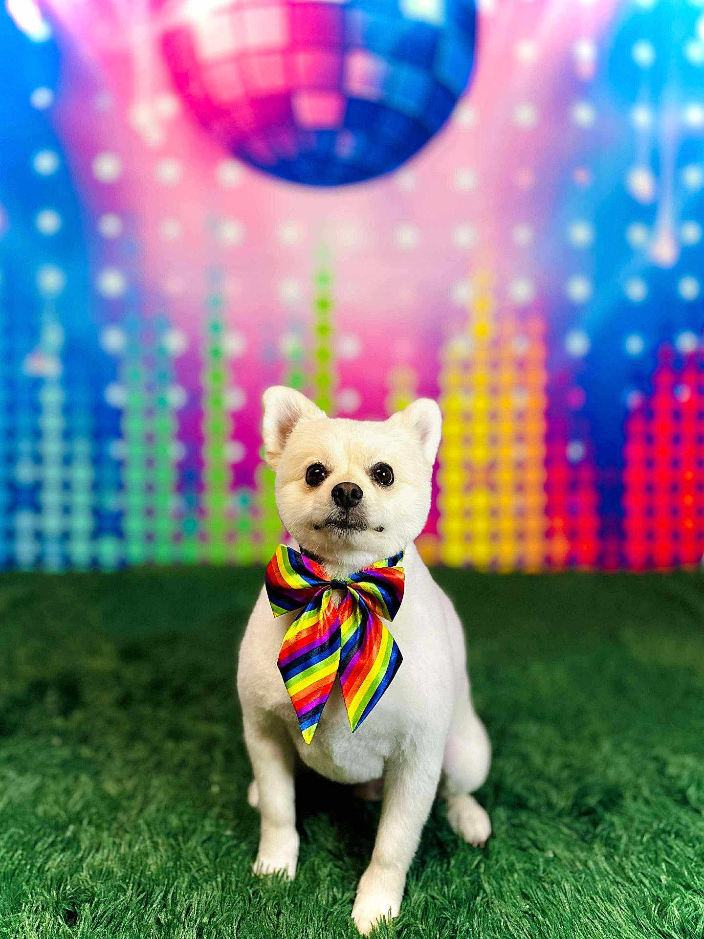 Baby Bear is registered to the contest to win money with this photo: dog, white_dog, bow_tie, rainbow, disco_ball, green_carpet, colorful_background, party, pet, cute, portrait, indoor, animal, celebration, festive, fun, studio, groomed, small_dog, bright_colors