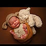 Darcie-Rose joined the competition — help win amazing prizes! newborn, baby, sleeping, knitted_hat, floppy_ears, teddy_bear, soft_toy, wrapped, brown_background, cute, infant, cozy, portrait, child, peaceful, cuddly, warm_colors, indoors, resting, adorable