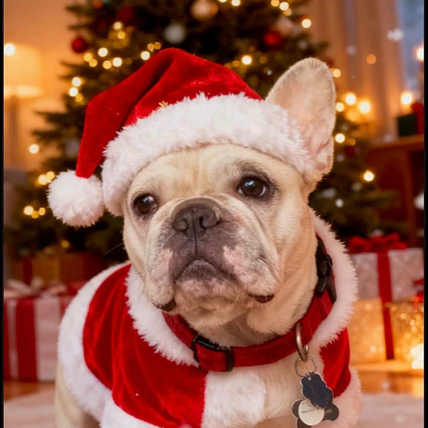 Gordis is registered to the contest to win money with this photo: bokeh, christmas_lights, christmas_tree, closeup, collar, cute, decorations, dog, festive, french_bulldog, fur, gift_wrapping, holiday, id_tag, indoor, pet, portrait, presents, santa_costume, santa_hat