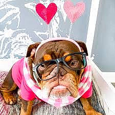 Millie joined the competition — help win amazing prizes! bulldog, canidae, carnivore, companion_dog, dog, dog_breed, dogue_de_bordeaux, french_bulldog, glasses, linens, mammal, non_sporting_group, old_english_bulldog, pink, pug, puppy, puppy_love, renascence_bulldogge, snout, t_shirt