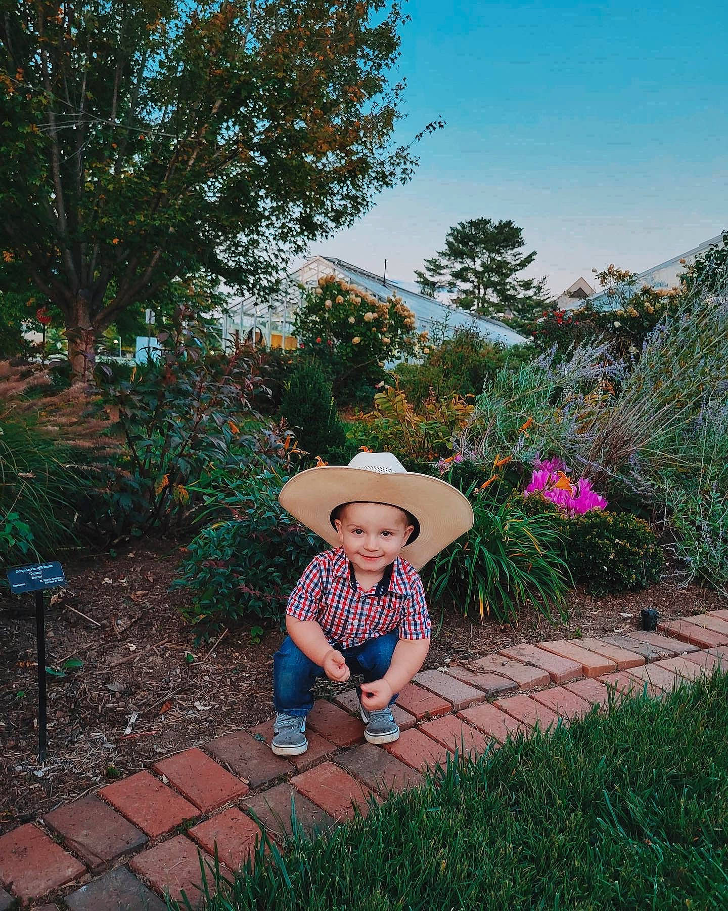 Brantley joined the competition — help win amazing prizes! botany, eye, face, flower, fun, grass, happy, hat, head, headwear, joy, landscape, leaf, leisure, people_in_nature, person, plant, recreation, sky, summer