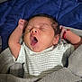 baby, newborn, yawning, blanket, sleeping, infant, face, arm, clothing, hand, cushion, fabric, bed, person, portrait, indoor, cute, rest, soft, relaxation