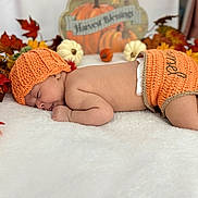 Alanna joined the competition — help win amazing prizes! autumn_leaves, baby, child, cozy, cute, fall_decor, festive, holiday, holiday_decor, infant, knit_hat, newborn, orange, portrait, pumpkin, resting, seasonal, sleeping, soft, white_blanket