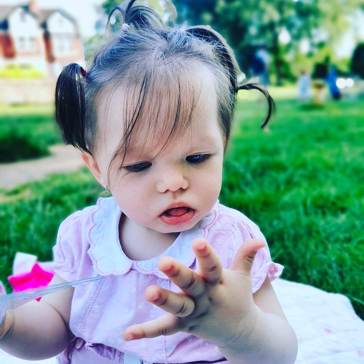 Amalia joined the competition — help win amazing prizes! baby, baby_toddler_clothing, child, ear, eyelash, fashion_accessory, finger, fun, grass, hand, happy, leisure, mammal, person, pink, plant, recreation, sitting, skin, thumb