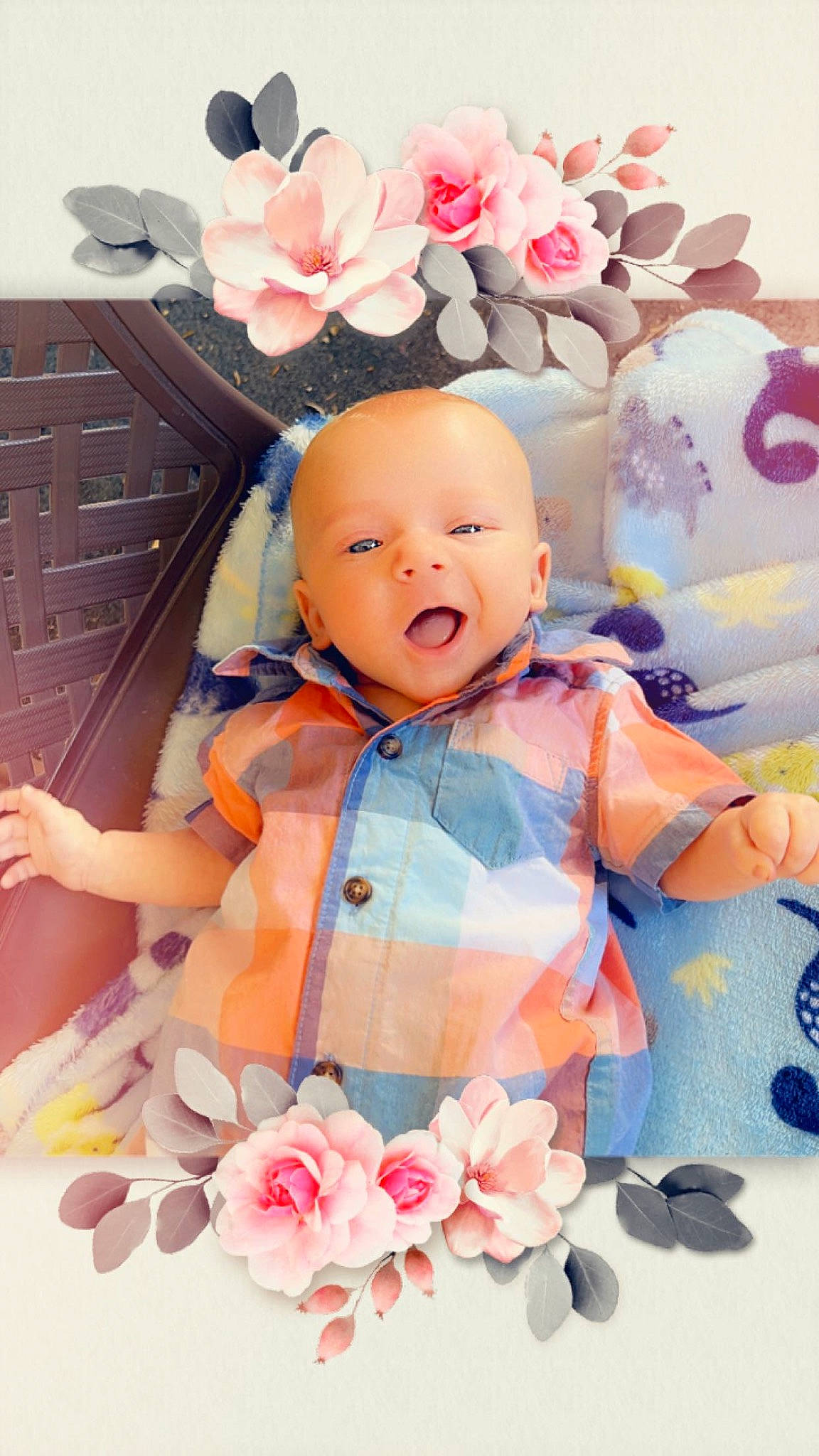 Noah is registered to the contest to win money with this photo: baby, baby_products, baby_toddler_clothing, child, event, flower, happy, linens, orange, pattern, peach, person, petal, pink, product, room, sleeve, textile, toddler, toy