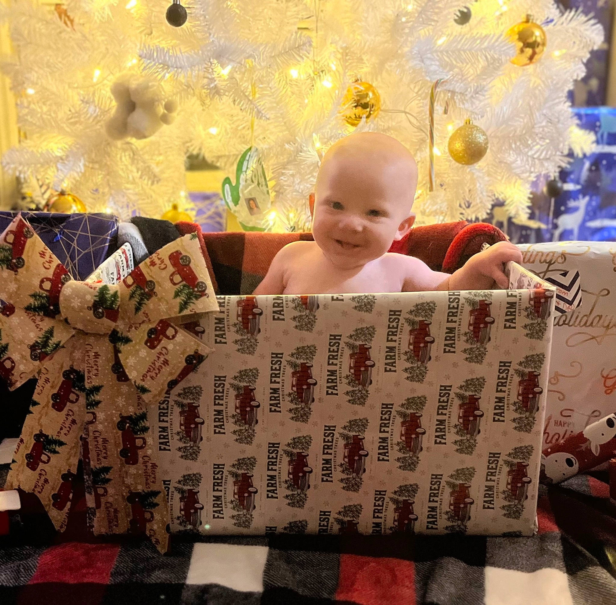 Noah is registered to the contest to win money with this photo: baby, child, christmas, comfort, design, event, flooring, fun, grass, happy, holiday, joy, linens, ornament, pattern, people_in_nature, person, room, smile, textile