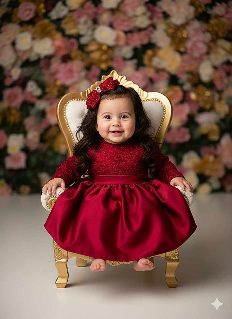 Sophie a rejoint le concours — aidez-le/la à gagner de superbes lots ! baby, child, dress, red_dress, bow, chair, golden_chair, smile, happy, portrait, indoor, flower_background, long_hair, cute, infant, elegant, sitting, fancy, photography, adorable