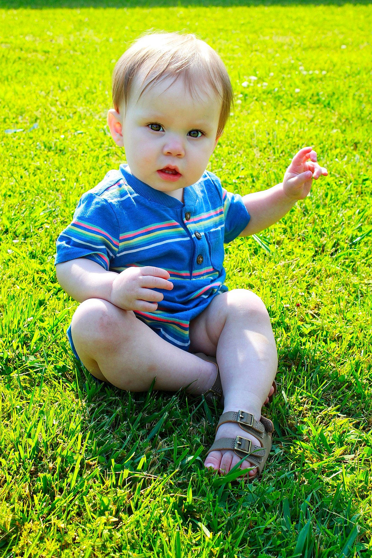 Waylon is registered to the contest to win money with this photo: baby, baby_toddler_clothing, finger, fun, grass, grassland, green, groundcover, happy, mammal, meadow, natural_environment, people_in_nature, person, plant, shorts, standing, summer, sunlight, toddler