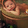 baby, infant, knitted_clothing, bear_costume, basket, green_cushion, leaves, sticks, wooden_floor, portrait, cute, resting, indoors, baby_face, costume, soft_lighting, child, newborn, expression, props