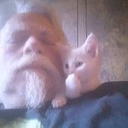 Puff joined the competition — help win amazing prizes! animal, blurry, casual, cat, closeup, companion, cute, domestic, facial_hair, feline, indoor, kitten, man, older_man, pet, portrait, selfie, shoulder, white_beard, white_cat